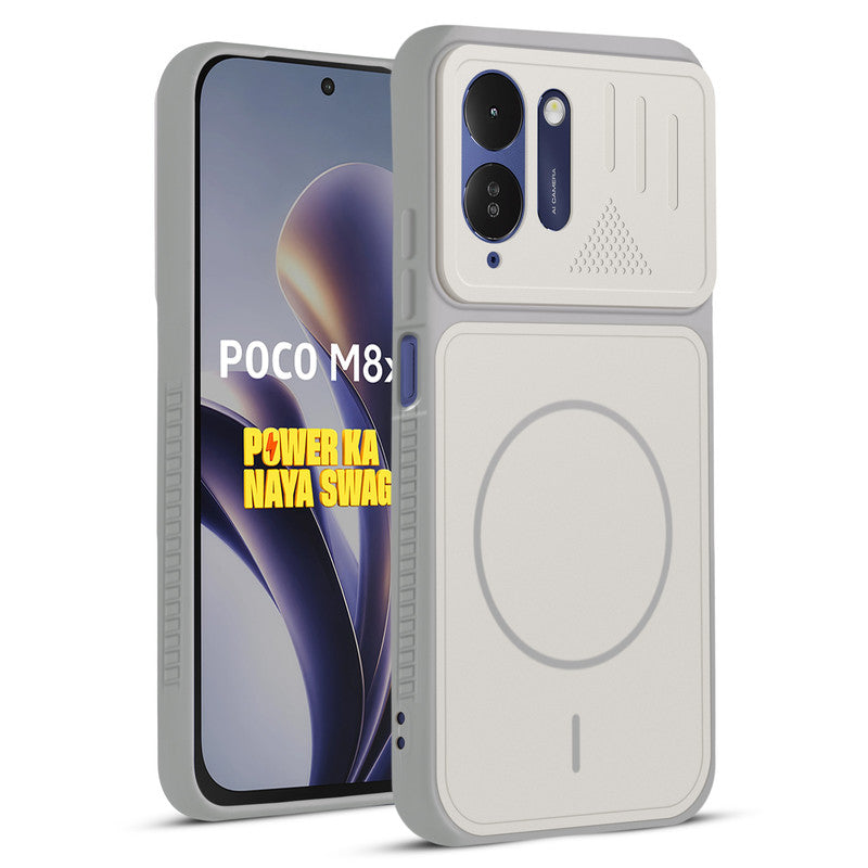 Front and back view of Grey-White protective back cover for Poco M8x 5G with textured sides, camera guard and slim fit design.
