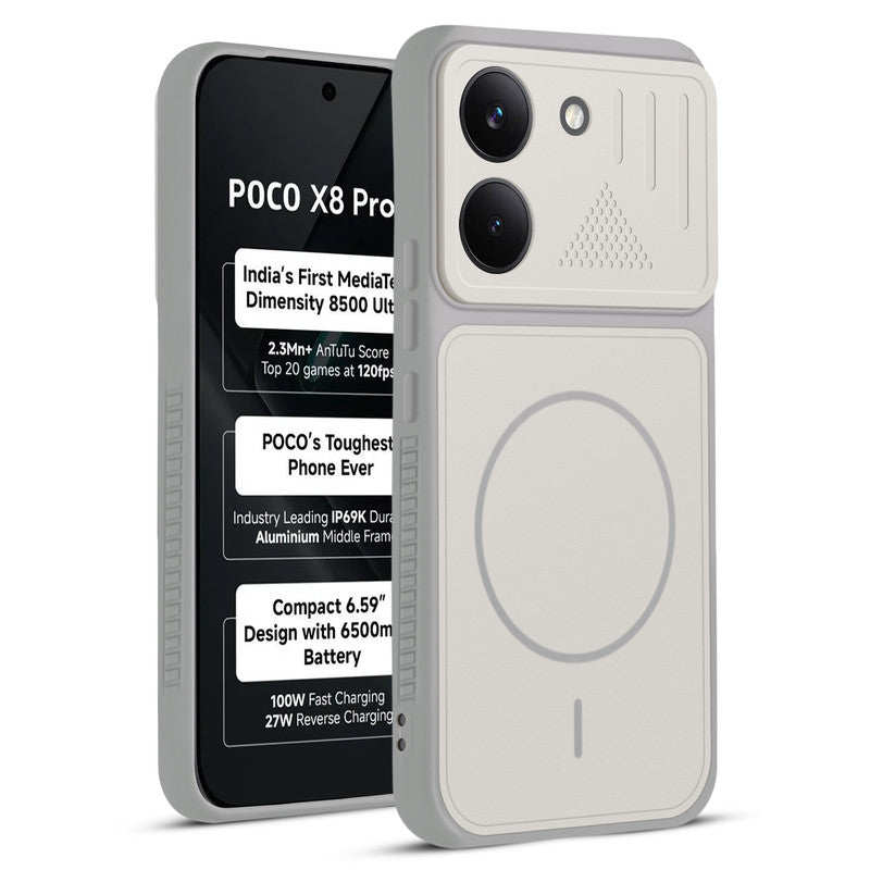 Front and back view of Grey-White protective back cover for Poco X8 Pro 5G with textured sides, camera guard and slim fit design.