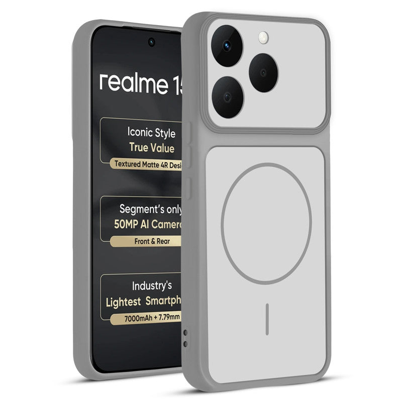 Front and back view of Grey-White protective back cover for Realme 15T 5Gwith textured sides, camera guard and slim fit design.