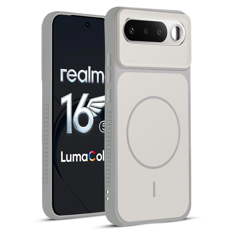 Front and back view of Grey-White protective back cover for Realme 16 5G with textured sides, camera guard and slim fit design.