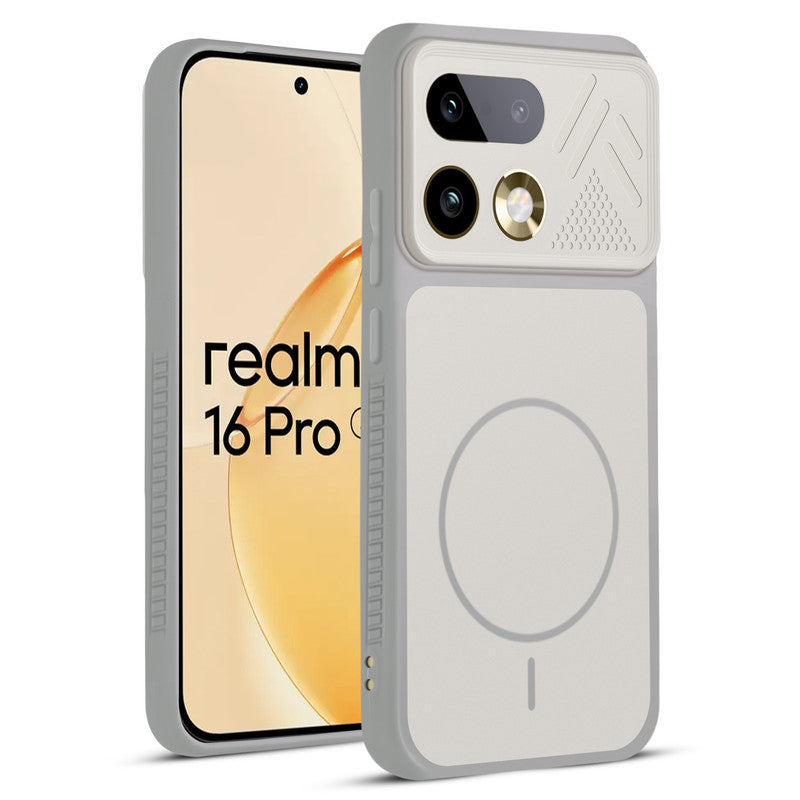 Front and back view of Grey-White protective back cover for Realme 16 Pro 5G with textured sides, camera guard and slim fit design.
