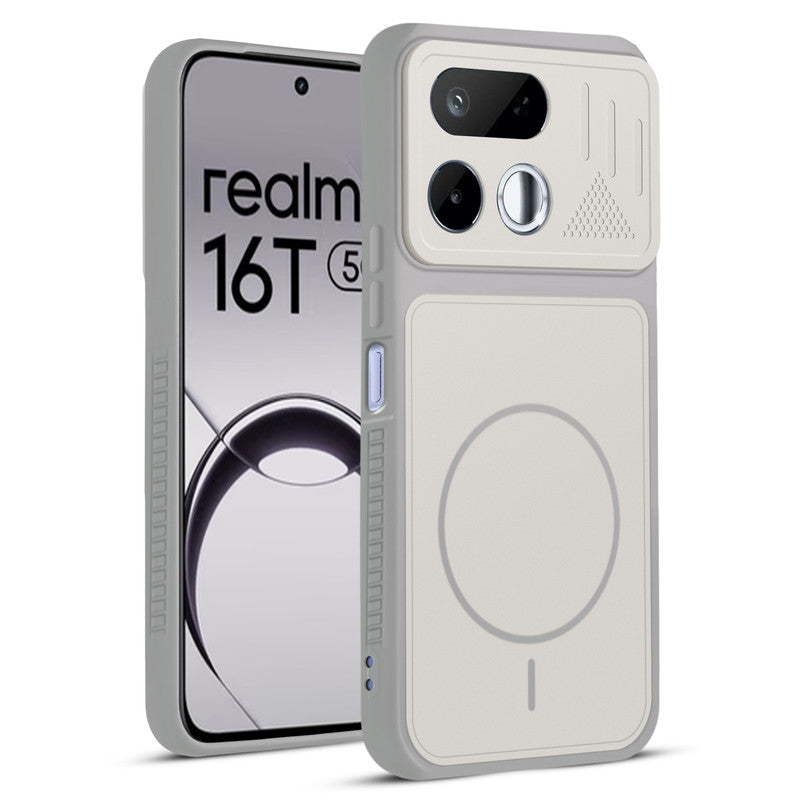 Front and back view of Grey-White protective back cover for Realme 16T 5G with textured sides, camera guard and slim fit design.
