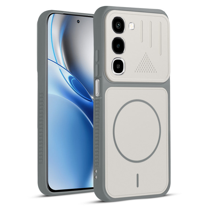 Front and back view of Grey-White protective back cover for Realme 16x 5G with textured sides, camera guard and slim fit design.
