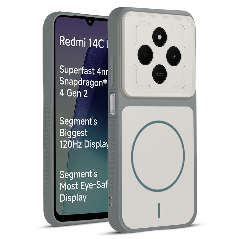 Front and back view of Grey-White protective back cover for Redmi 14C 5G with textured sides, camera guard and slim fit design.