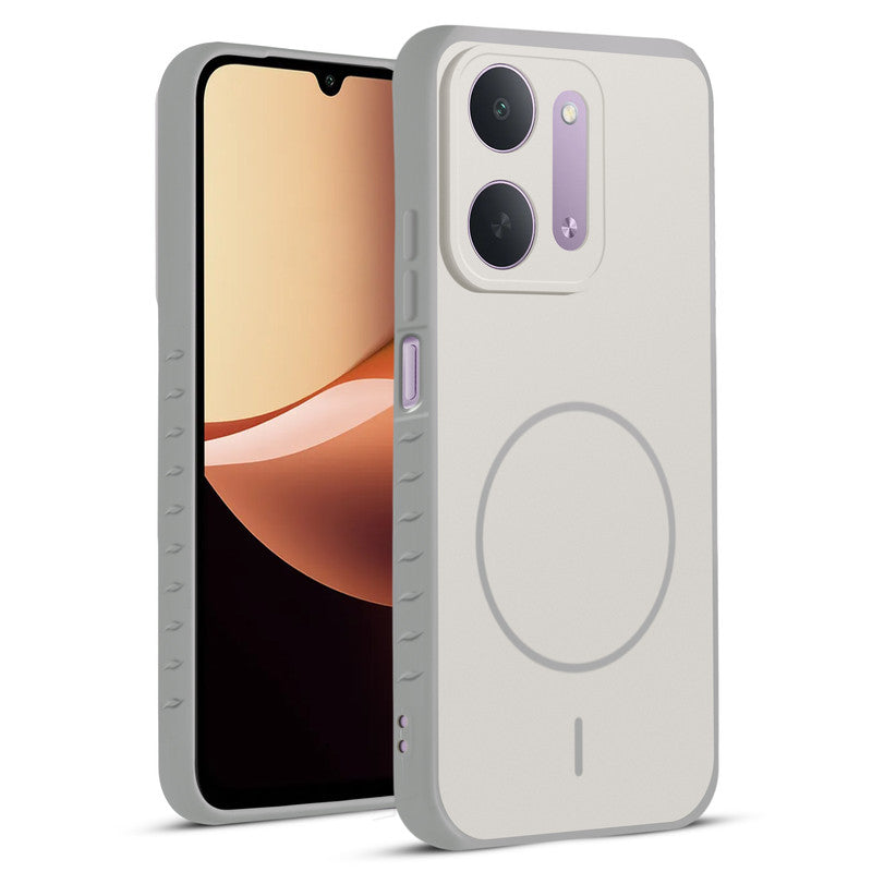 Front and back view of Grey-White protective back cover for Redmi 17C 5G with textured sides, camera guard and slim fit design.