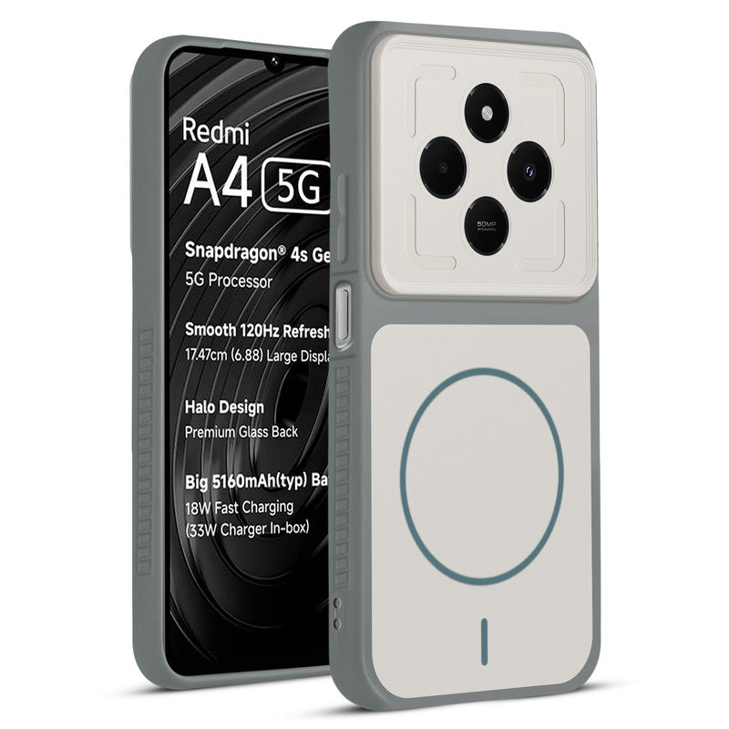 Front and back view of Grey-White protective back cover for Redmi A4 5G with textured sides, camera guard and slim fit design.
