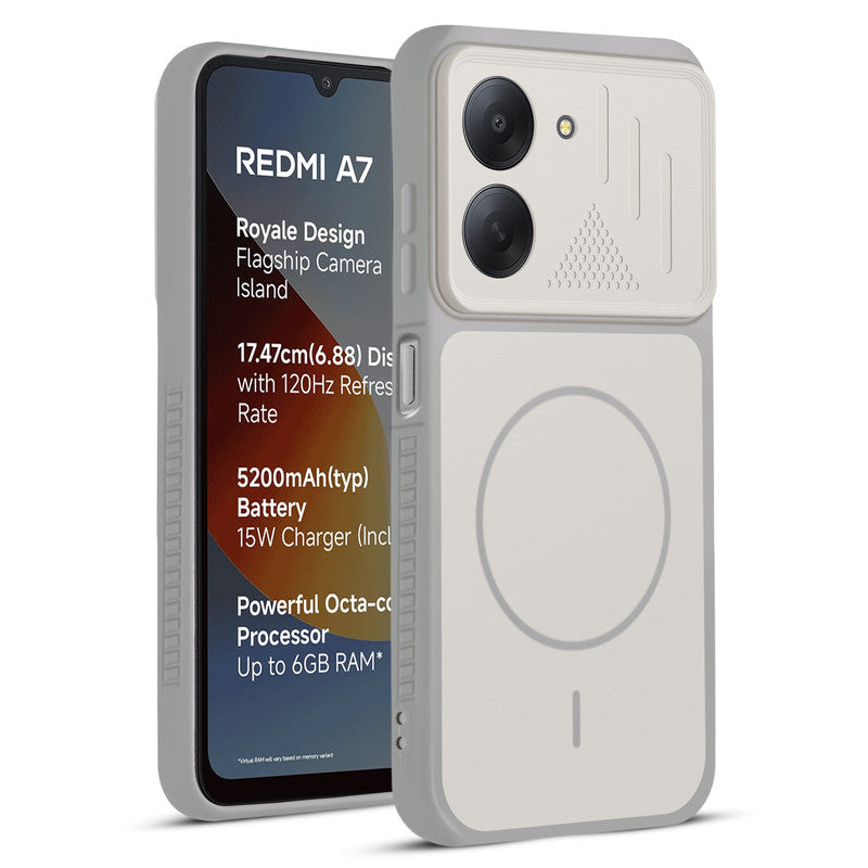 Front and back view of Grey-White protective back cover for Redmi A7 4G with textured sides, camera guard and slim fit design.