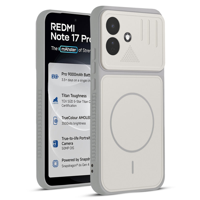 Front and back view of Grey-White protective back cover for Redmi Note 17 Pro 5G with textured sides, camera guard and slim fit design.