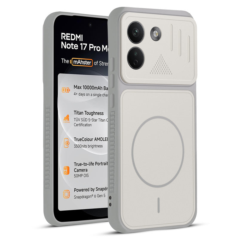 Front and back view of Grey-White protective back cover for Redmi Note 17 Pro Max 5G with textured sides, camera guard and slim fit design.