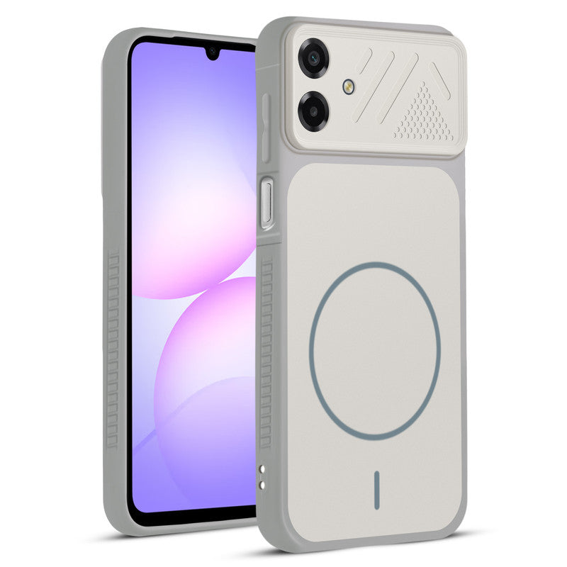 Front and back view of Grey-White protective back cover for Samsung A07 5G with textured sides, camera guard and slim fit design.