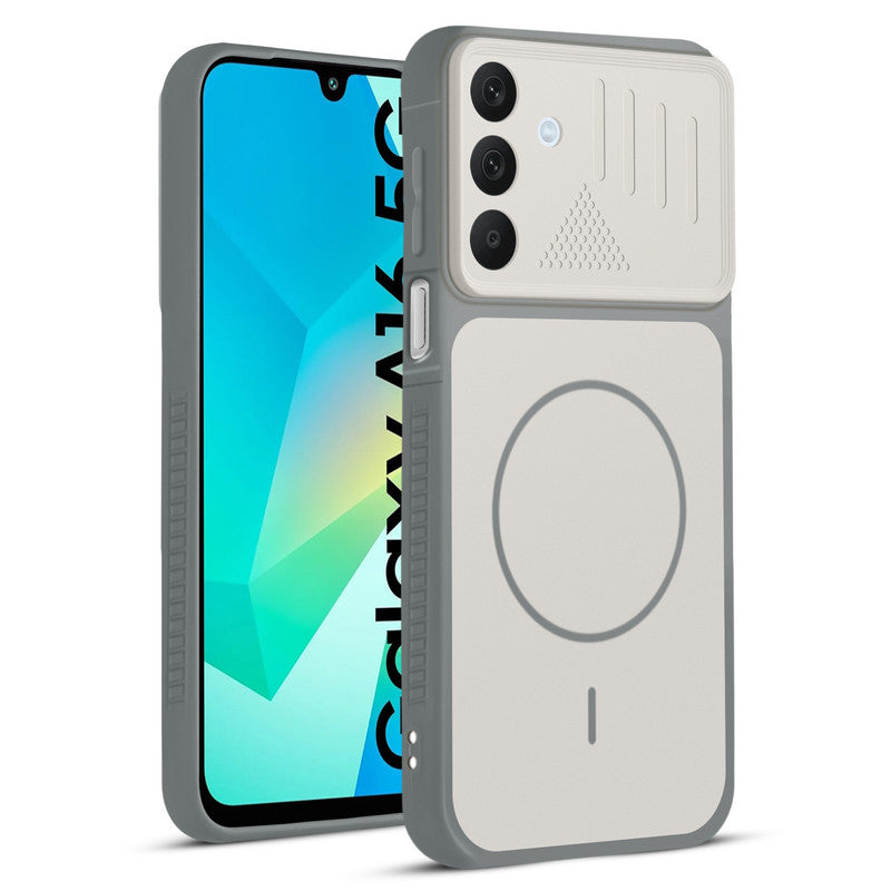 Front and back view of Grey-White protective back cover for Samsung A16 5G with textured sides, camera guard and slim fit design.