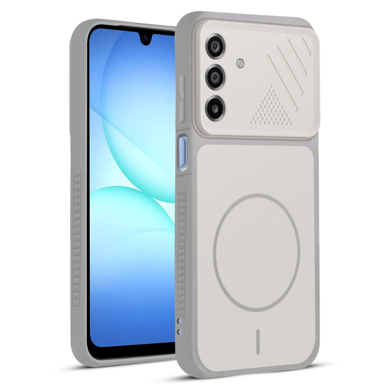 Front and back view of Grey-White protective back cover for Samsung A17 5G with textured sides, camera guard and slim fit design.