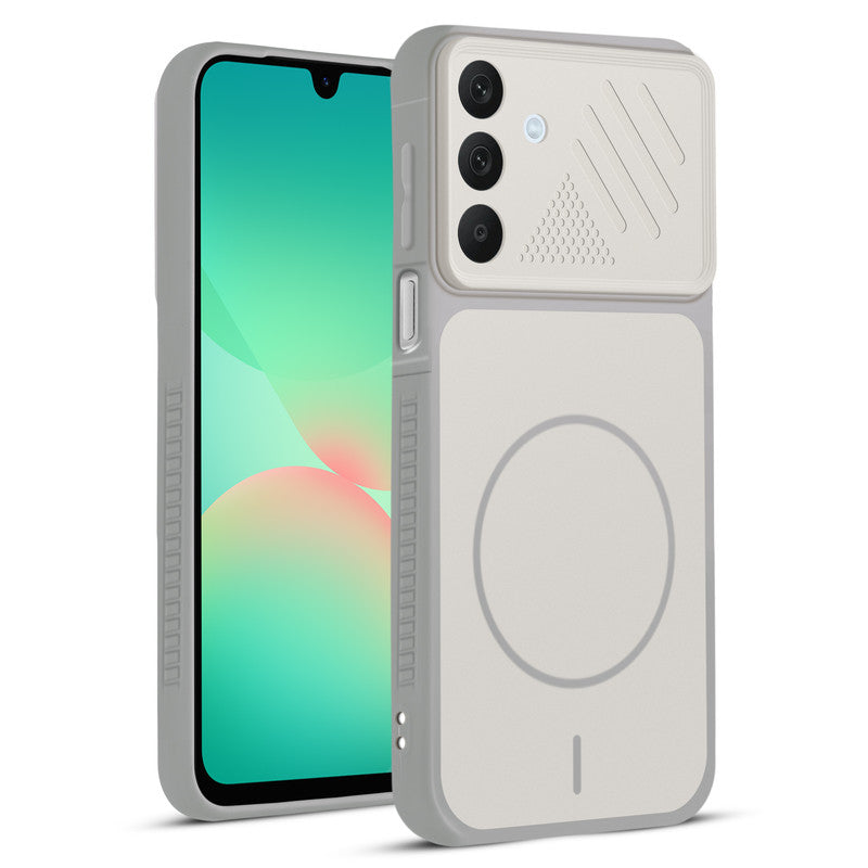 Front and back view of Grey-White protective back cover for Samsung A26 5G with textured sides, camera guard and slim fit design.