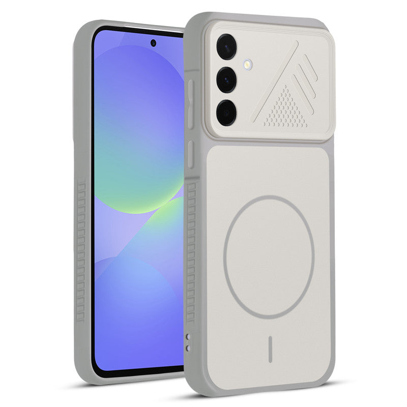 Front and back view of Grey-White protective back cover for Samsung A36 5G with textured sides, camera guard and slim fit design.