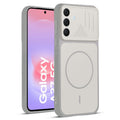 Front and back view of Grey-White protective back cover for Samsung A37 5G with textured sides, camera guard and slim fit design.