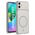 Front and back view of Grey-White protective back cover for Samsung F07 with textured sides, camera guard and slim fit design.