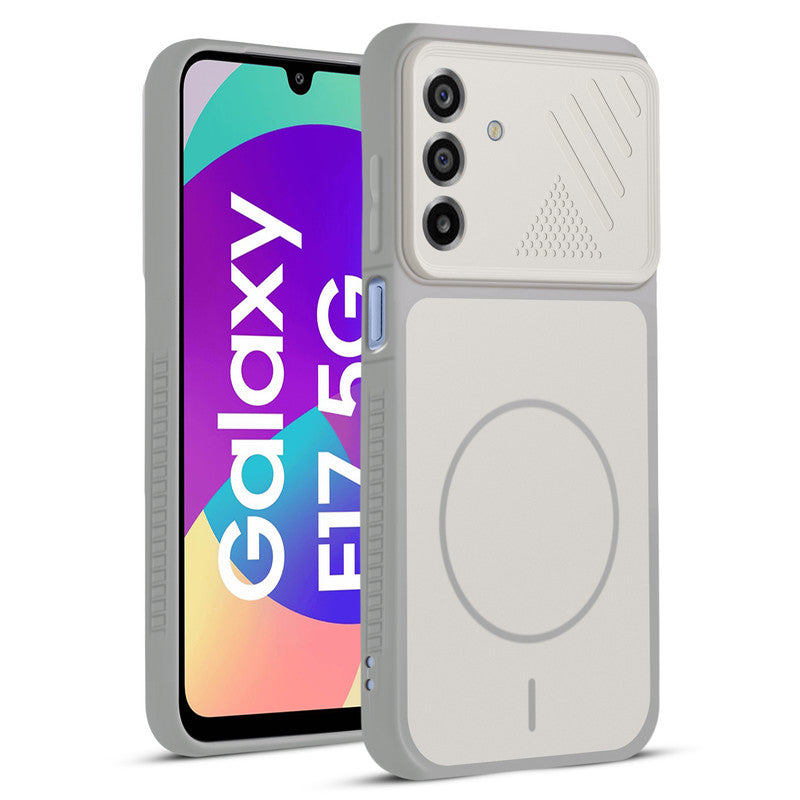 Front and back view of Grey-White protective back cover for Samsung F17 5G  with textured sides, camera guard and slim fit design.