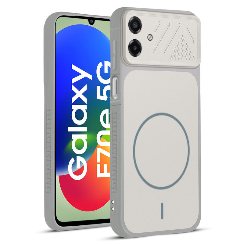 Front and back view of Grey-White protective back cover for Samsung F70e 5G with textured sides, camera guard and slim fit design.