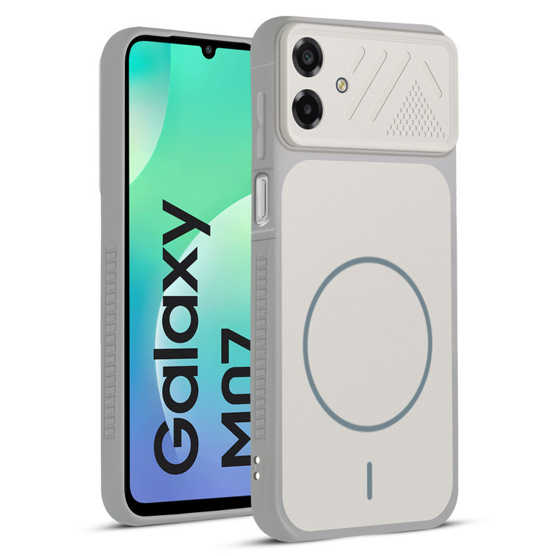 Front and back view of Grey-White protective back cover for Samsung M07 with textured sides, camera guard and slim fit design.