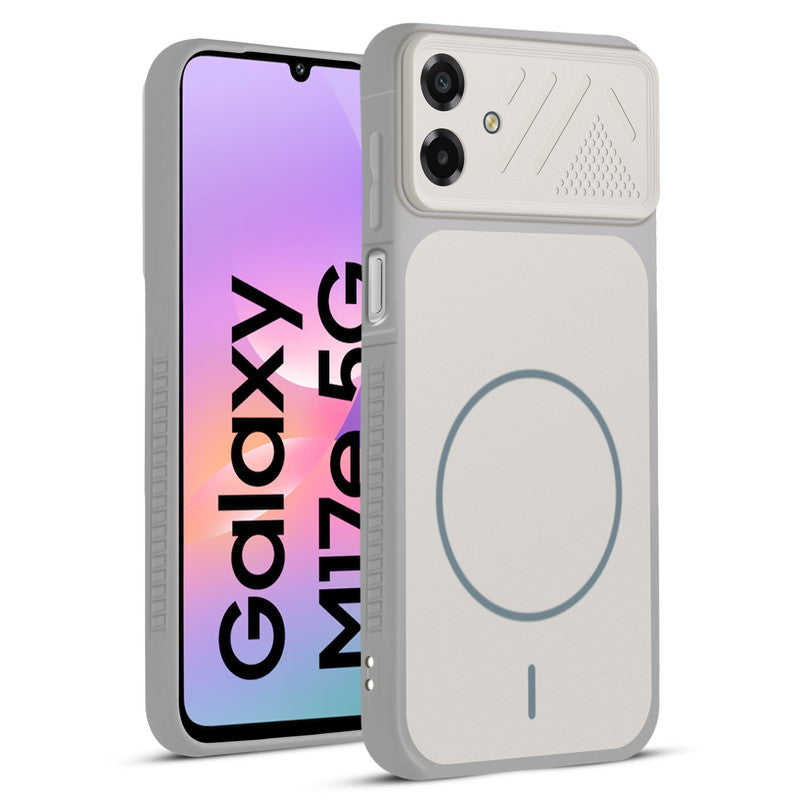 Front and back view of Grey-White protective back cover for Samsung M17e 5G with textured sides, camera guard and slim fit design.