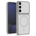 Front and back view of Grey-White protective back cover for Samsung S24 FE 5G with textured sides, camera guard and slim fit design.