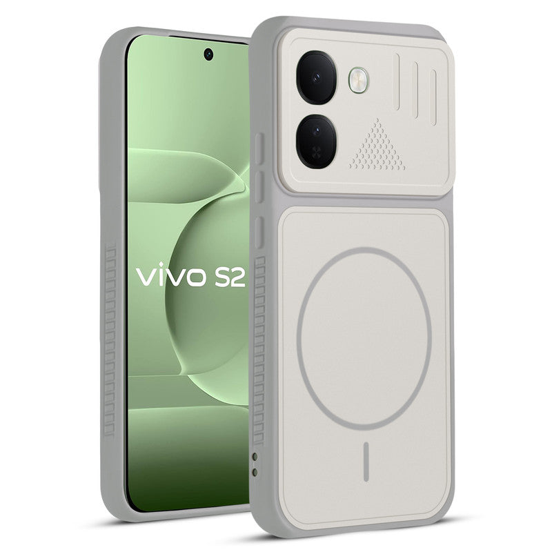 Front and back view of Grey-White protective back cover for Vivo S2 FE 5G with textured sides, camera guard and slim fit design.