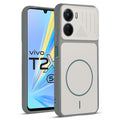 Front and back view of Grey-White protective back cover for Vivo T2x 5G with textured sides, camera guard and slim fit design.