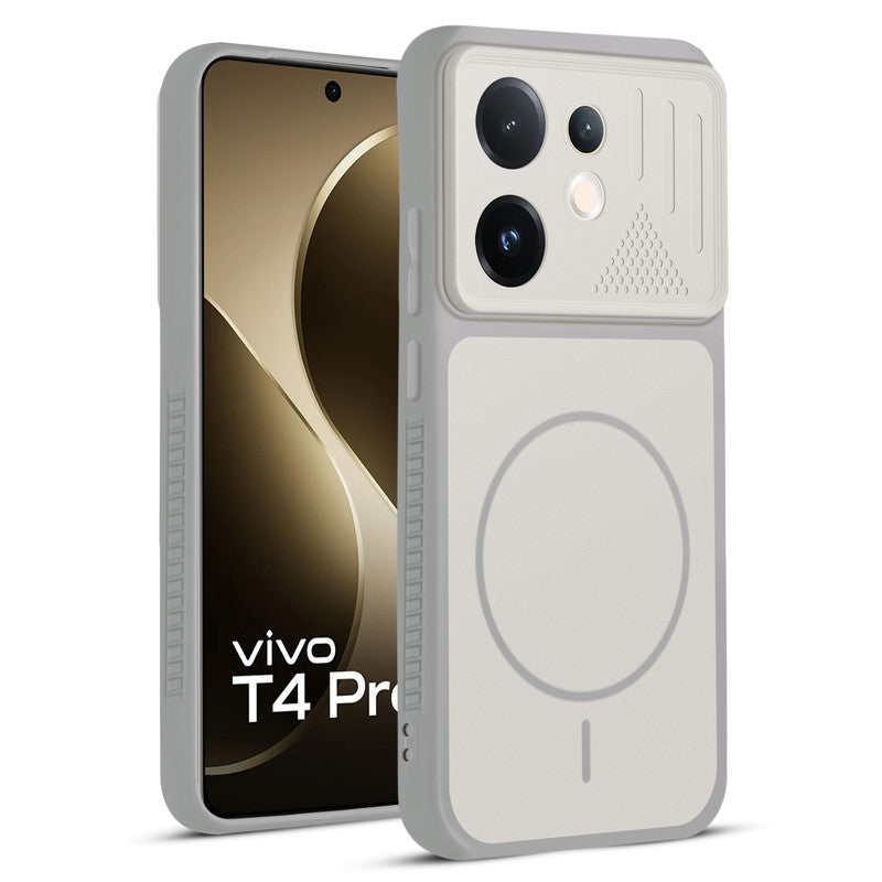 Front and back view of Grey-White protective back cover for Vivo T4 Pro 5G with textured sides, camera guard and slim fit design.