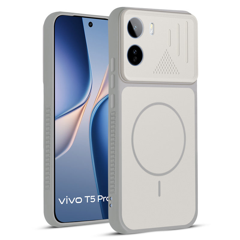Front and back view of Grey-White protective back cover for Vivo T5 Pro 5G with textured sides, camera guard and slim fit design.