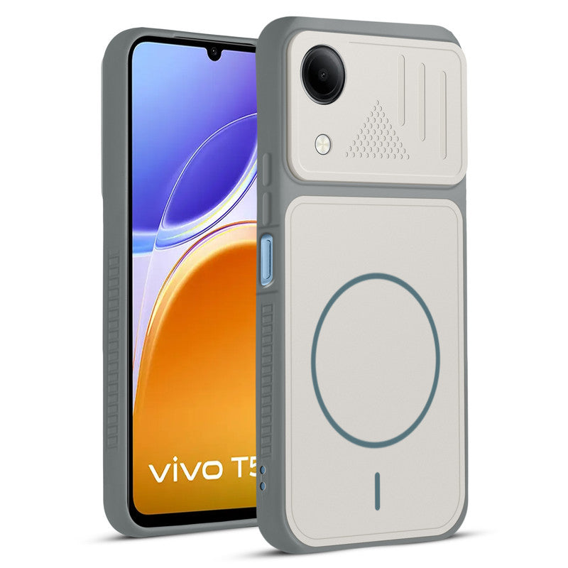 Front and back view of Grey-White protective back cover for Vivo T5e 5G with textured sides, camera guard and slim fit design.