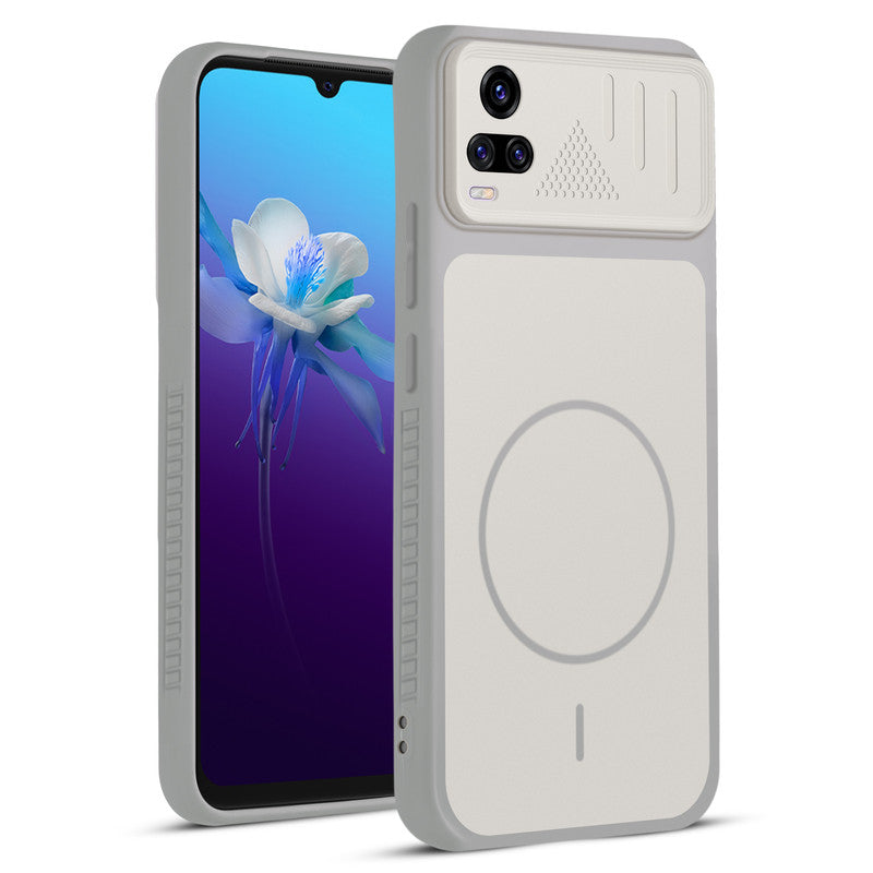 Front and back view of Grey-White protective back cover for Vivo V20 with textured sides, camera guard and slim fit design.