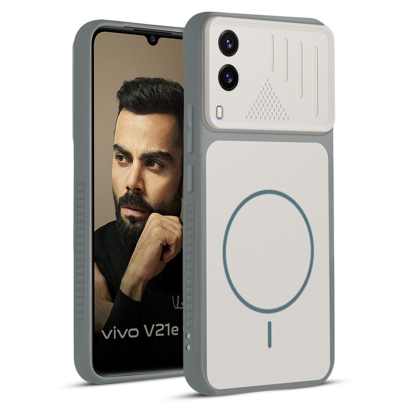Front and back view of Grey-White protective back cover for Vivo V21e 5G with textured sides, camera guard and slim fit design.