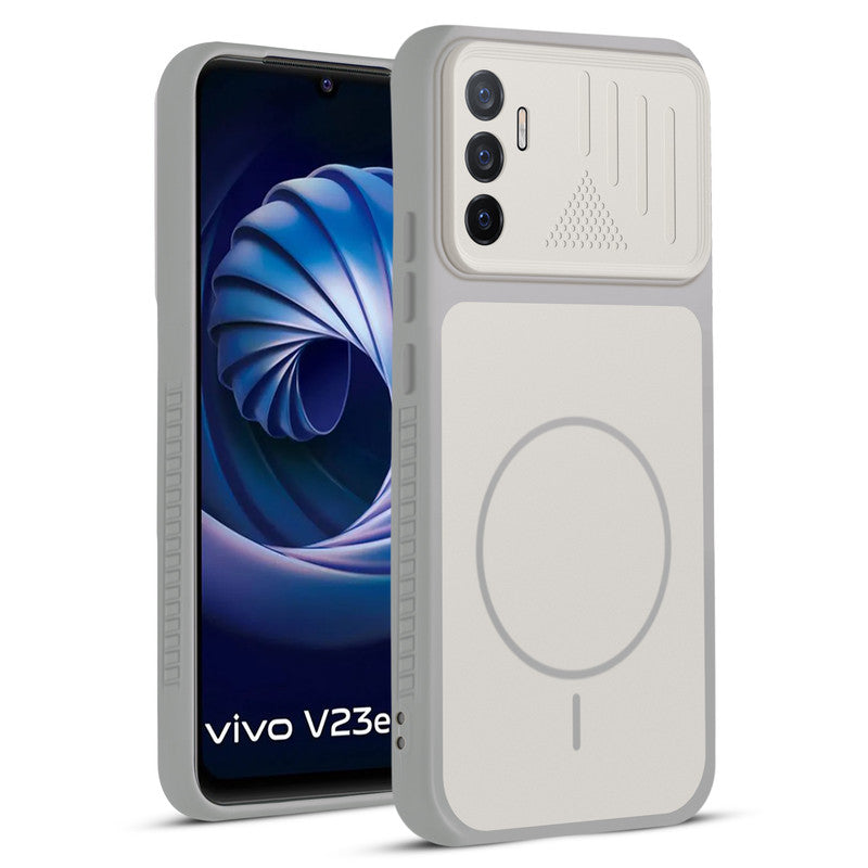 Front and back view of Grey-White protective back cover for Vivo V23e 5G with textured sides, camera guard and slim fit design.