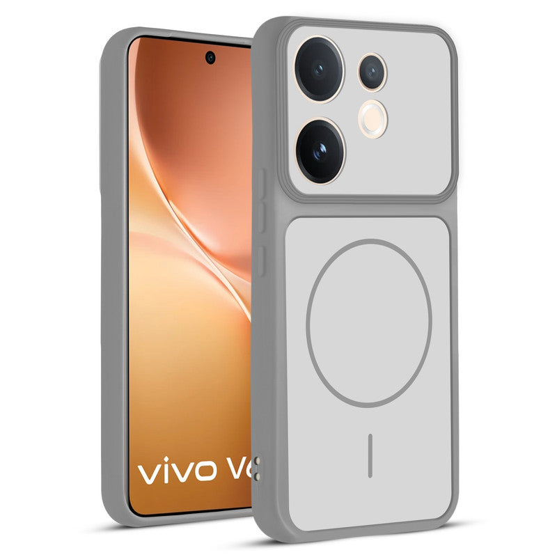 Front and back view of Grey-White protective back cover for Vivo V60 5G with textured sides, camera guard and slim fit design.
