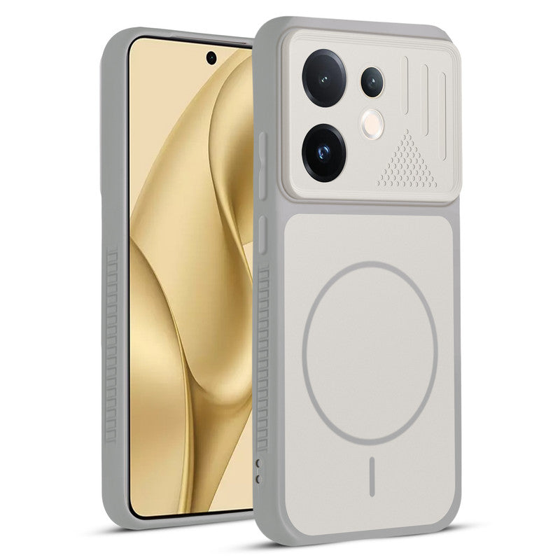 Front and back view of Grey-White protective back cover for Vivo V60E 5G with textured sides, camera guard and slim fit design.