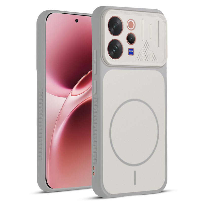 Front and back view of Grey-White protective back cover for Vivo V70 5G with textured sides, camera guard and slim fit design.