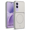 Front and back view of Grey-White protective back cover for Vivo V70 FE 5G with textured sides, camera guard and slim fit design.