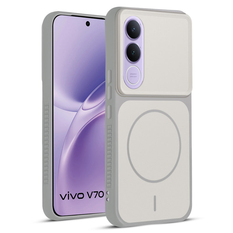 Front and back view of Grey-White protective back cover for Vivo V70 FE 5G with textured sides, camera guard and slim fit design.