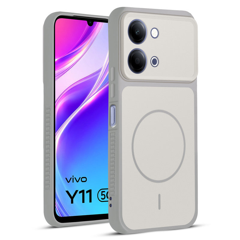 Front and back view of Grey-White protective back cover for Vivo Y11 5G with textured sides, camera guard and slim fit design.