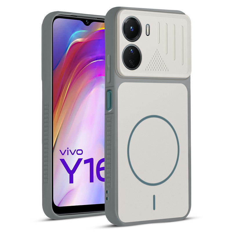 Front and back view of Grey-White protective back cover for Vivo Y16 with textured sides, camera guard and slim fit design.
