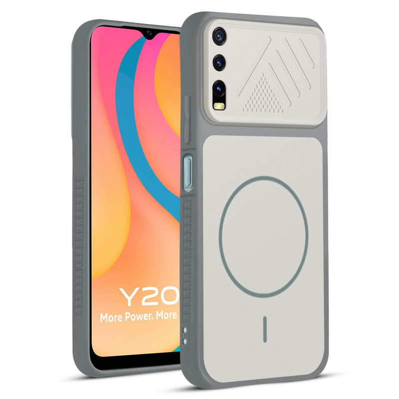 Front and back view of Grey-White protective back cover for Vivo Y20 with textured sides, camera guard and slim fit design.