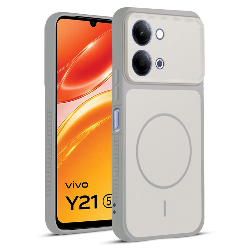 Front and back view of Grey-White protective back cover for Vivo Y21 5G with textured sides, camera guard and slim fit design.