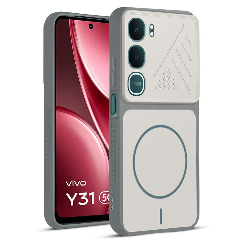 Front and back view of Grey-White protective back cover for Vivo Y31 Pro 5G with textured sides, camera guard and slim fit design.