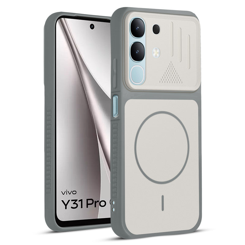 Front and back view of Grey-White protective back cover for Vivo Y31 5G with textured sides, camera guard and slim fit design.