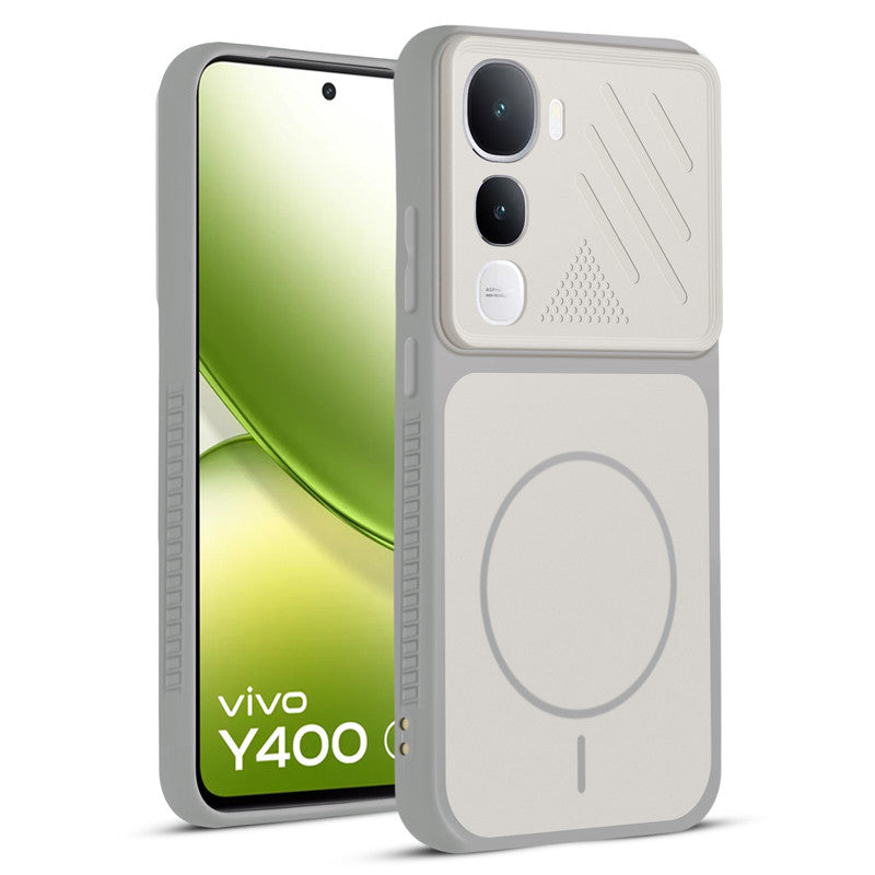 Front and back view of Grey-White protective back cover for Vivo Y400 5G with textured sides, camera guard and slim fit design.