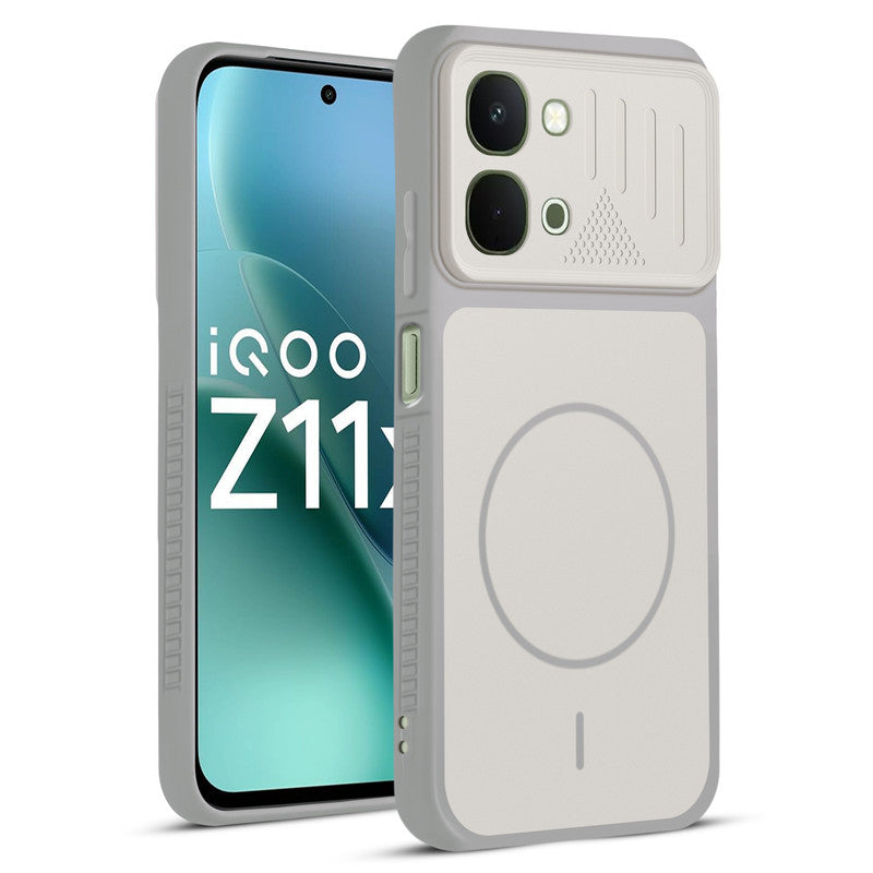 Front and back view of Grey-White protective back cover for iQOO Z11x 5G with textured sides, camera guard and slim fit design.