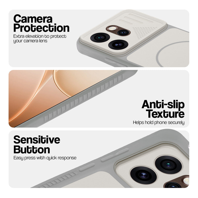 Grey-White phone case for Oppo Reno 15 Pro 5G showing camera safety edges, anti slip side grip and easy press button covers.