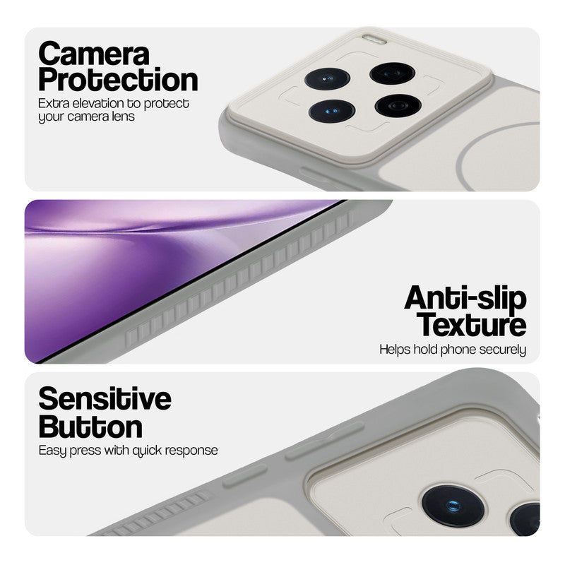 Grey-White phone case for Vivo X200T 5G showing camera safety edges, anti slip side grip and easy press button covers.