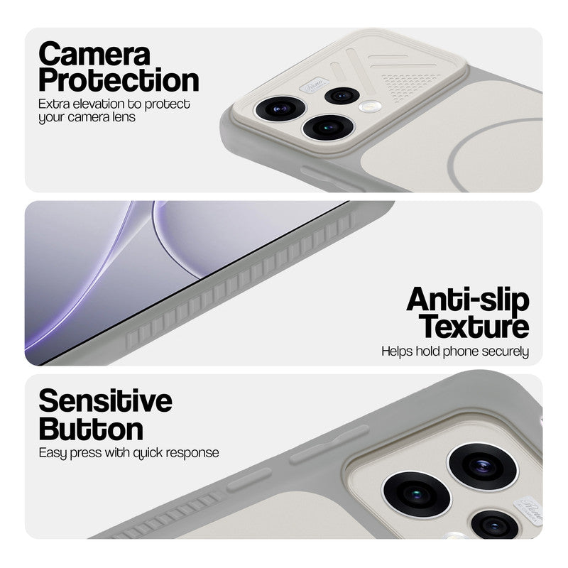 Grey-White phone case for Oppo Reno 15 5G showing camera safety edges, anti slip side grip and easy press button covers.