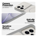 Grey-White phone case for Oppo Reno 15 Pro Mini 5G showing camera safety edges, anti slip side grip and easy press button covers.